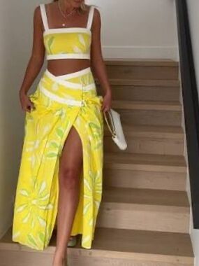 Yellow Floral High-Slit Maxi Skirt sabo skirt set
